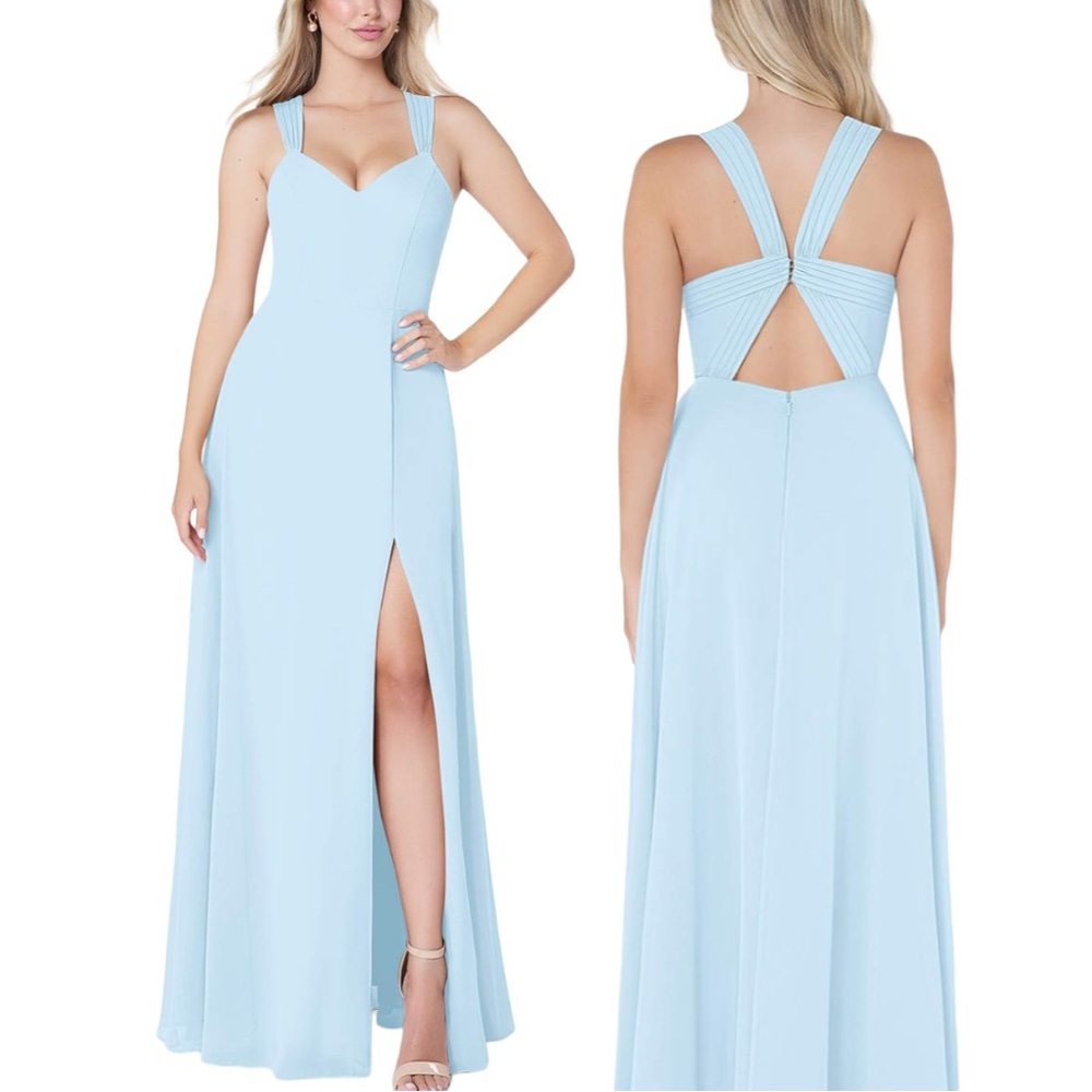 Azazie Jane Sky Line Blue A-Line Pleated Chiffon Floor Length Bridesmaid Dress